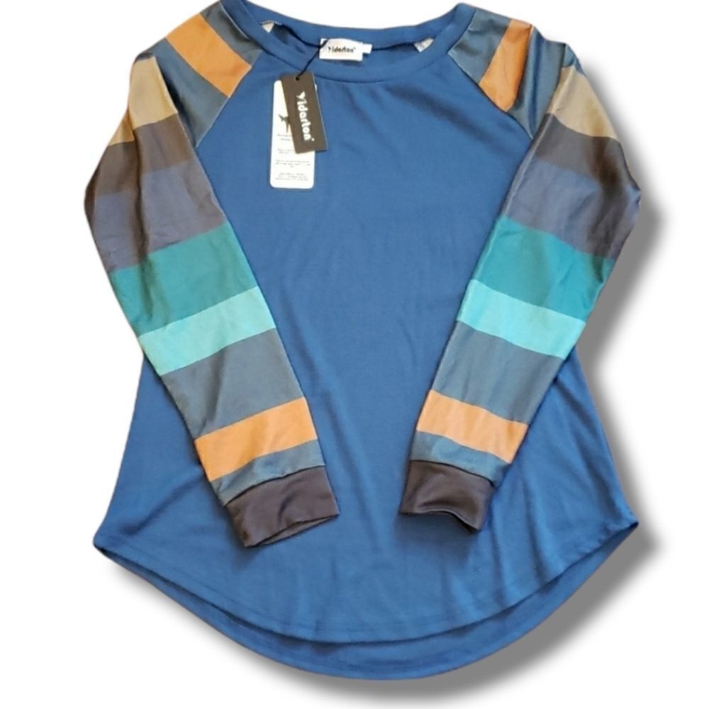 Yidarton‎ Womens Blue Striped Raglan Long Sleeve Crew Neck Top Small NEW